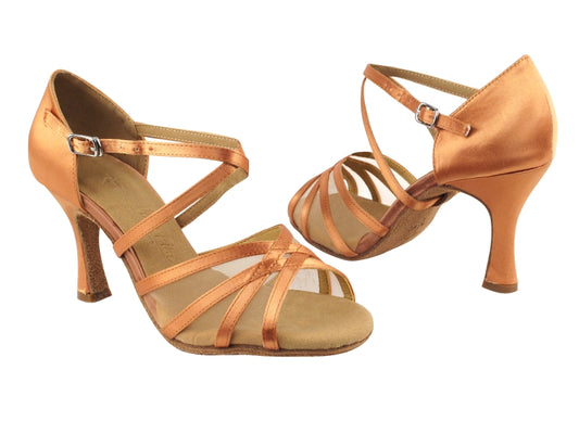 Very Fine SERA1605_sale Tan Satin & Flesh Mesh Ladies Latin Dance Shoe with Cross Ankle Strap